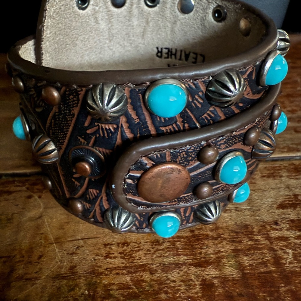 Brown and Turquoise Wrap Leather Cuff Bracelet